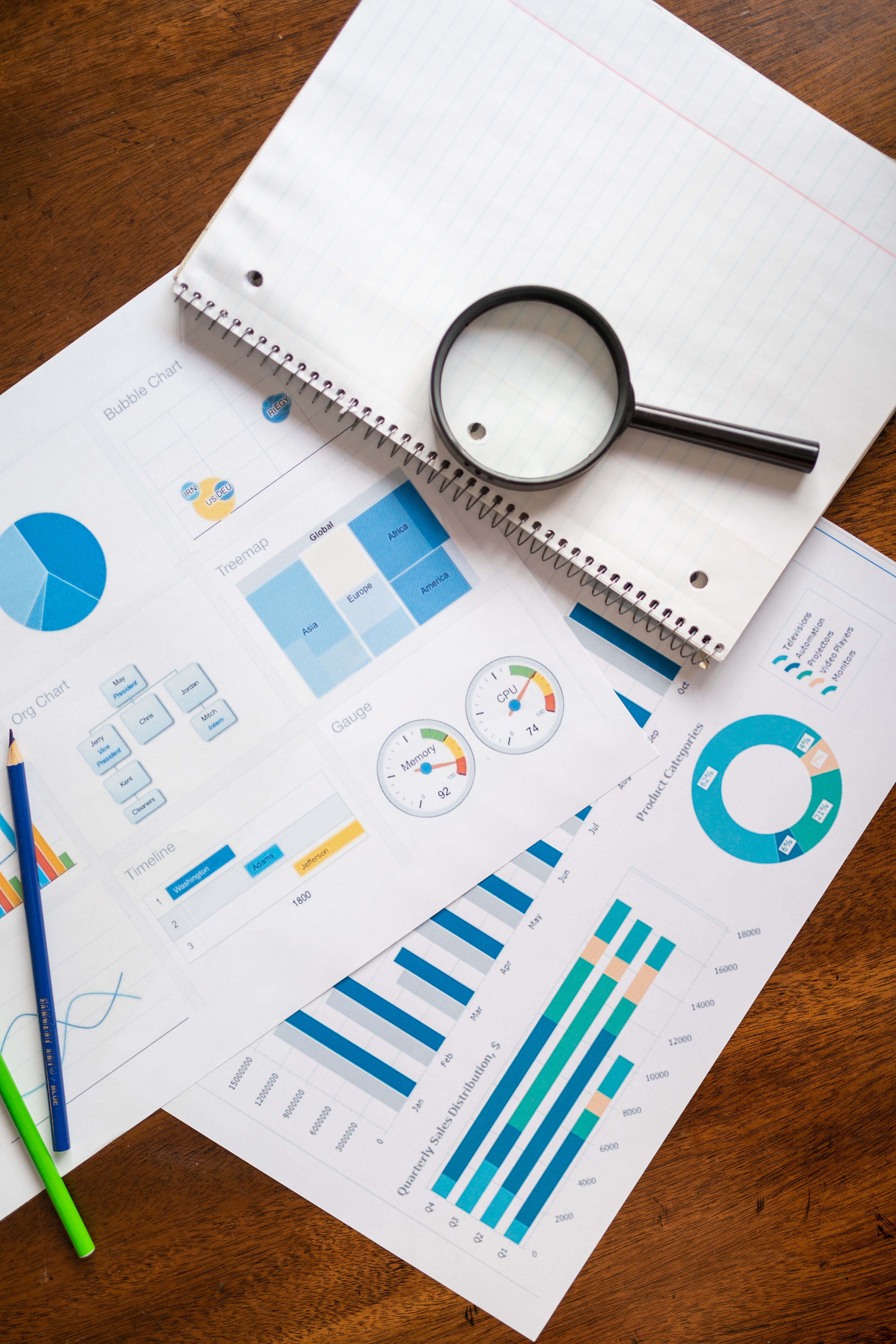 Tablas, gráficas y una lupa extendidas sobre una mesa durante la revisión de resultados